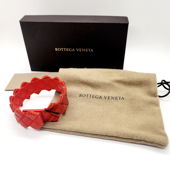 Bottega Veneta Red Woven Leather Bracelet